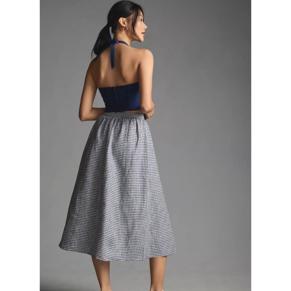 Reformation Orzo Linen Gingham Checkered Blue Skirt (Size 8) - Picture 3 of 9